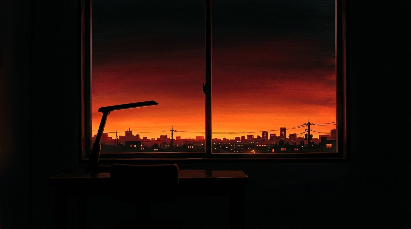 A dark room looking out at a city skyline at dusk with glowing amber and red clouds
